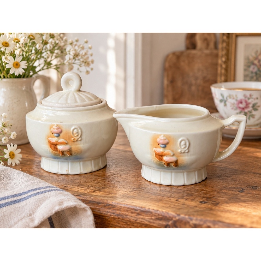 Vintage 1940s Porcelier Hearth Creamer & Sugar Bowl Set Vitreous China USA